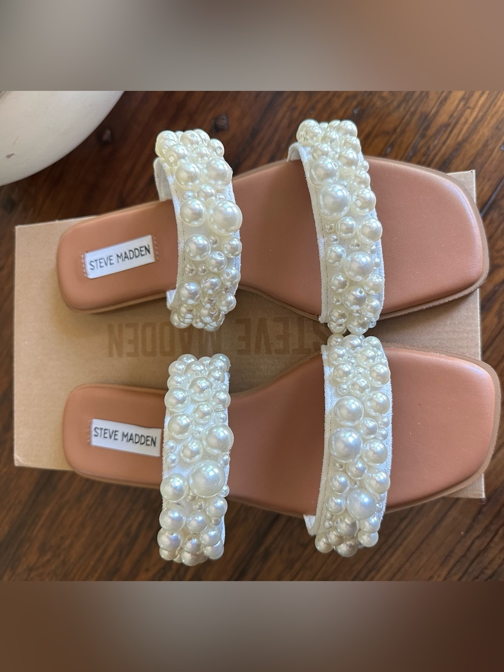 Steve Madden Pearl-Embellished White Double-Strap Slide Sandals